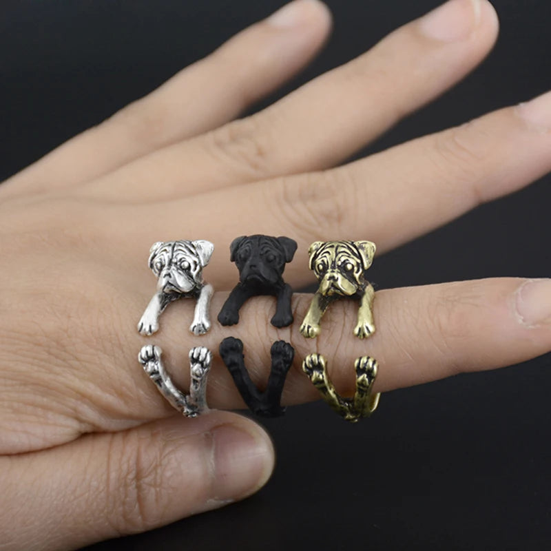 New Vintage Doho Tiny Pug Dog Ring Men Hippie Brass Knuckle Animal Anillos Love Puppy Anel Rings For Women Girls Fashion Jewelry