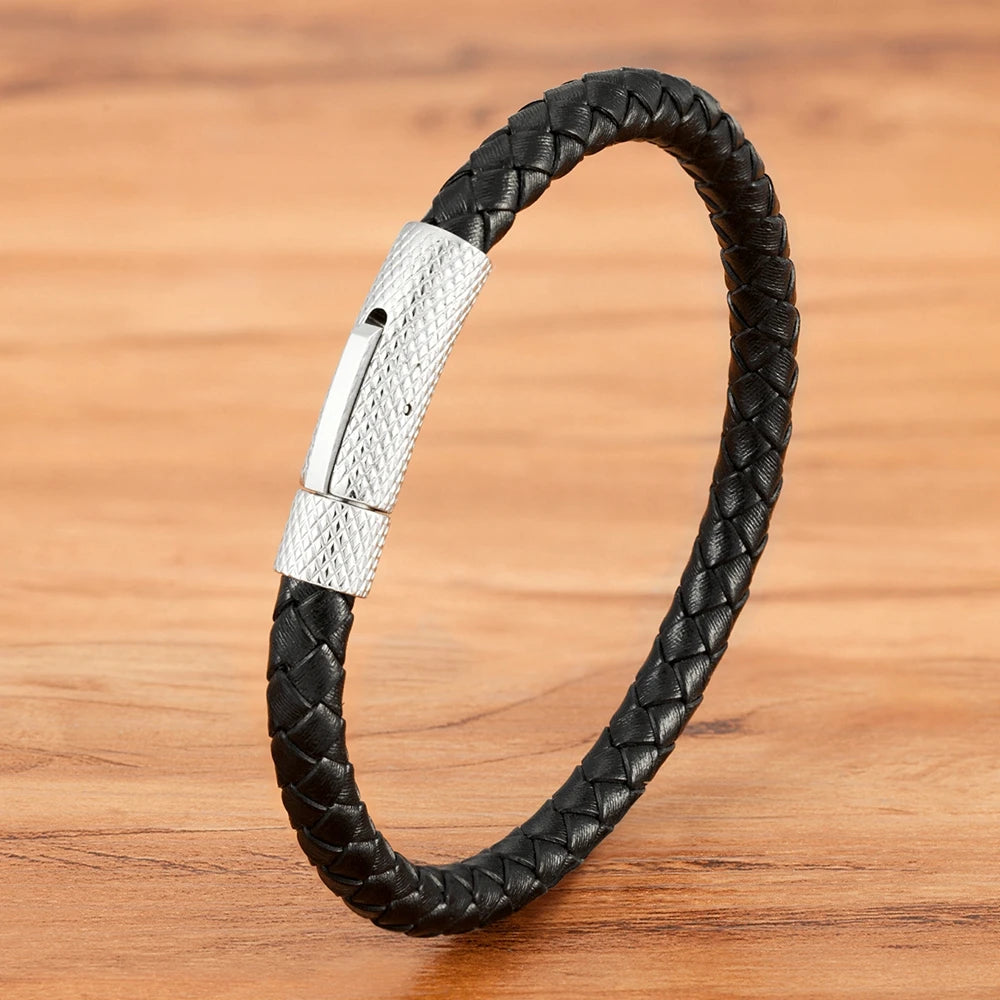 Bracelet TYO de luxe classique en acier inoxydable et cuir pour homme, tissé à la main, fermoir magnétique, noir, bijou simple, cadeau personnalisable