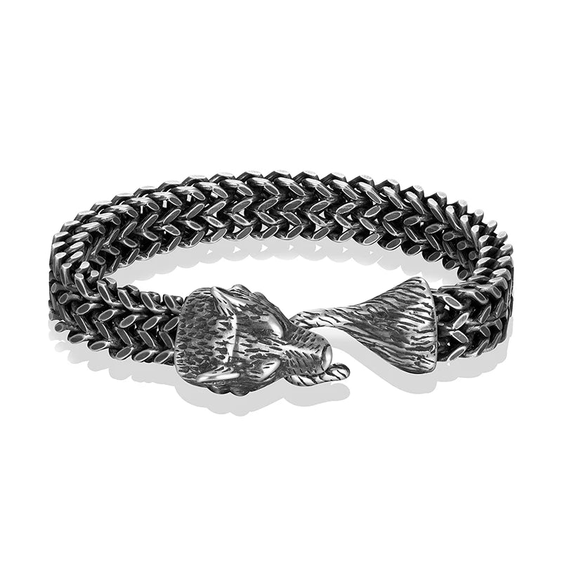 MKENDN Vintage Oxidized Black Punk Rock Viking Wolf Charm Bracelet Men's Stainless Steel Mesh Chain Wolf Bracelets Biker Jewelry