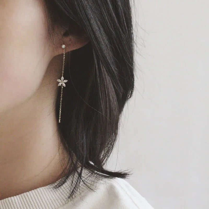 925 Sterling Silber Überzogene 14K Gold Lange Quaste Zirkon Blume Ohrringe fou frauen Süße Temperament Hochzeit Schmuck Zubehör