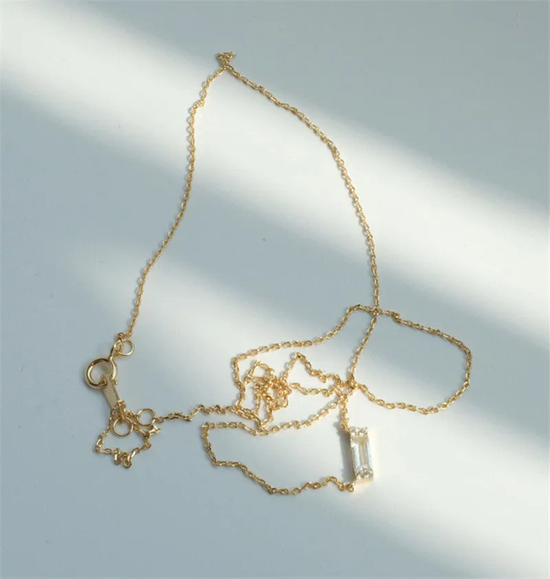 925 Sterling Silber Französisch Einfache Quadratische Kristall Anhänger Schlüsselbein Kette Halskette Frauen Klassische Beschichtung 14k Gold Schmuck Geschenk