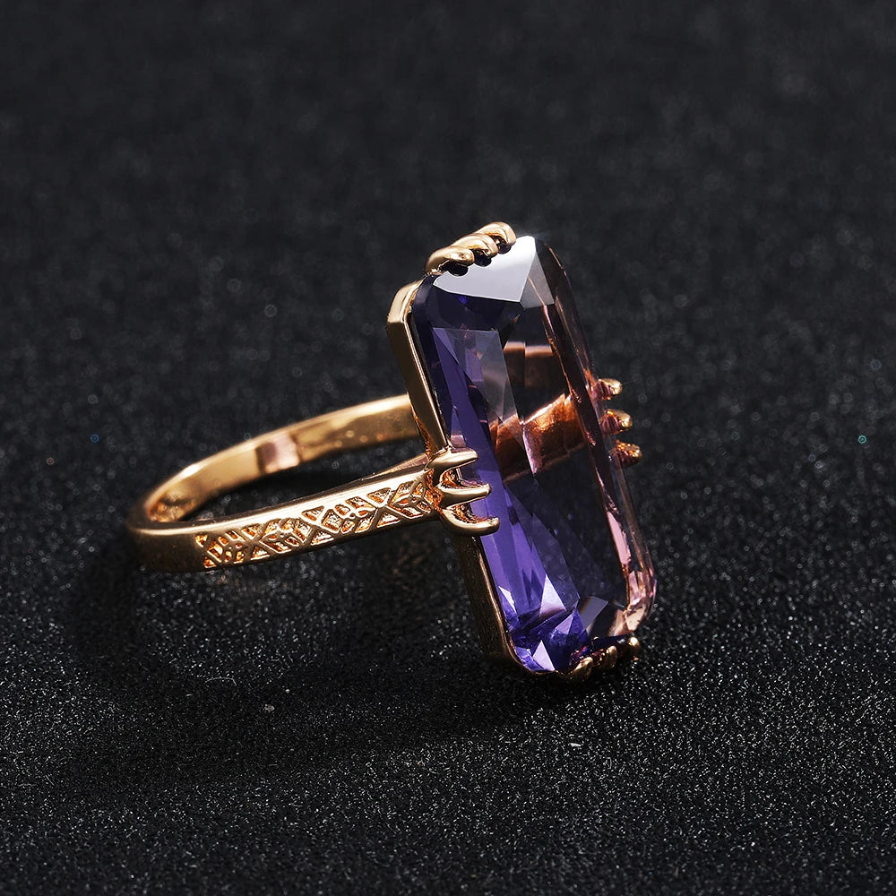 Huitan Long Shape Acrylic Purple Stone Rings for Women Fashion Bridal Wedding Party Ring Elegant Lady Accessories Trendy Jewelry