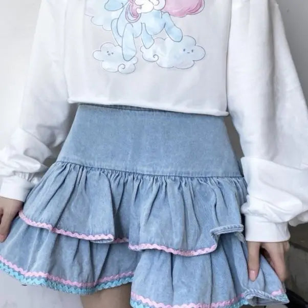 Sweet Lolita Style Mini Skirts Women Harajuku Cute Preppy Style Jk Denim Skirt Japanese Girls Sexy Punk High Waist Tiered Skirt