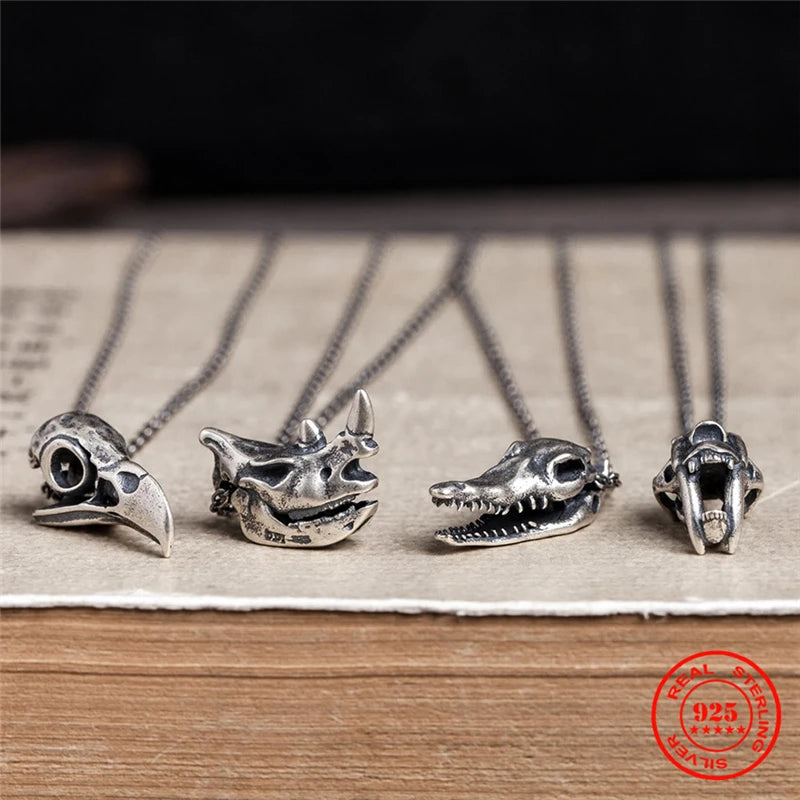MKENDN S925 Sterling Silver Creative Retro Oxidized Black Eagle Crocodile Cheetah Rhino Skull Pendant Necklace Desert Jewelry