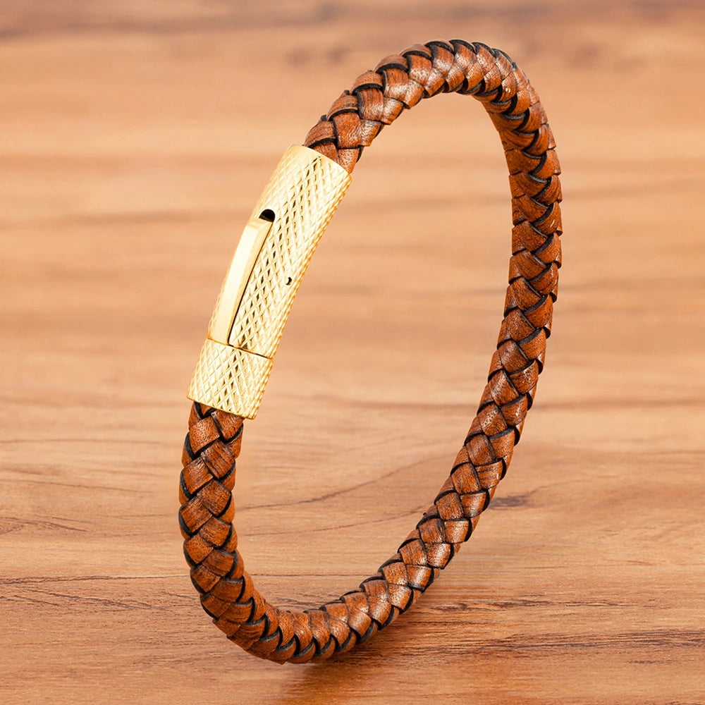 Bracelet TYO de luxe classique en acier inoxydable et cuir pour homme, tissé à la main, fermoir magnétique, noir, bijou simple, cadeau personnalisable