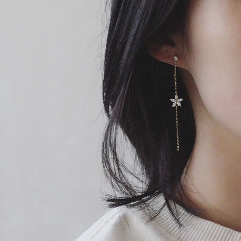 925 Sterling Silber Überzogene 14K Gold Lange Quaste Zirkon Blume Ohrringe fou frauen Süße Temperament Hochzeit Schmuck Zubehör