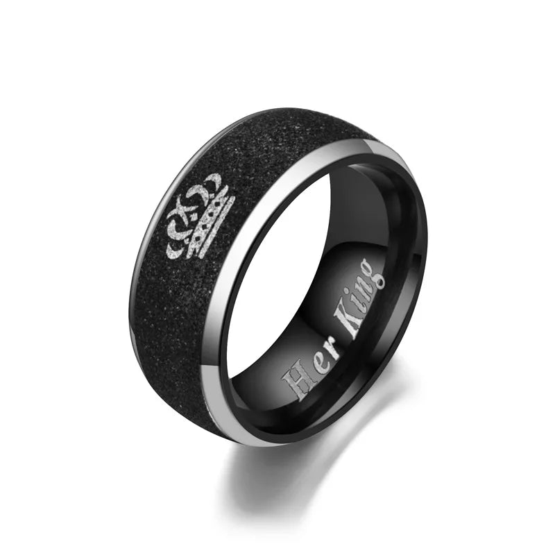 8MM Her King and His Queen Letter Rings For Women Men Crown Black Stainless Steel Matte Couple Ring Lovers Wedding Jewelry