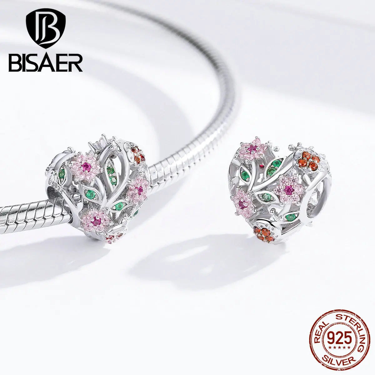 BISAER Cadeau de Noël 100% 925 Argent Sterling Perles de Fleur de Prunier Fleur Rose Zircon Charm Fit Bracelet Fabrication de Bijoux DIY