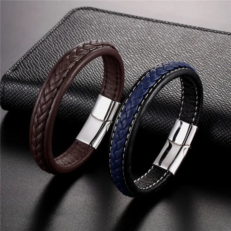 MKENDN Punk Men Jewelry Black Blue Braided Leather Bracelet Stainless Steel Magnetic Clasp Fashion Bangles Male Jewelry