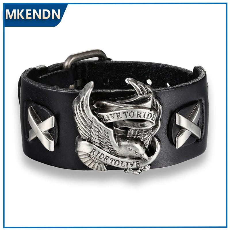 MKENDN Retro Punk Eagle Genuine Leather Bracelet Ride to Live Charm Bird Wide Bangles for Men Woman Pulseira Gift