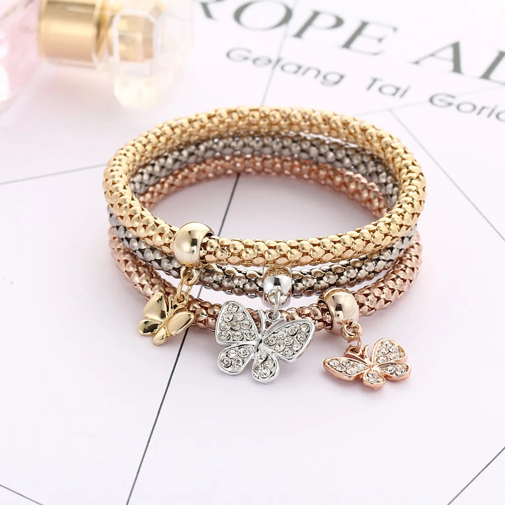 3Colors/Lot Tree Of Life Elastic Bracelet Set For Women Crystal Owl Key Lock Music Note Owl Butterfly Heart Charm Bangle Jewelry