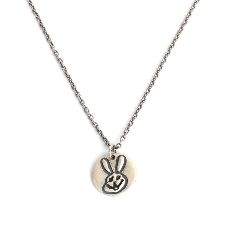 MKENDN 100% 925 Sterling Silver Smiling Bunny Coin Pendant Necklace For Men Women Punk Street Neo-Gothic Style