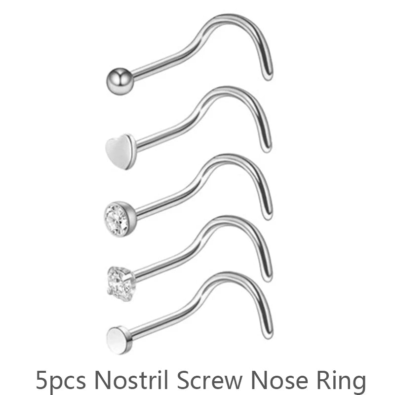 3/4/5/8/21pcs 20G Nose Studs Set Surgical Steel L-Shape Nostril Studs Screws Nose Ring Hoop Body Piercing Jewelry Mixed Styles