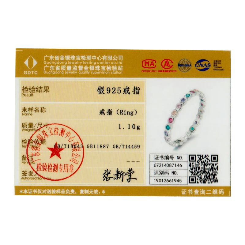 BAMOER 925 Sterling Silver Rainbow Zircon Finger Ring for