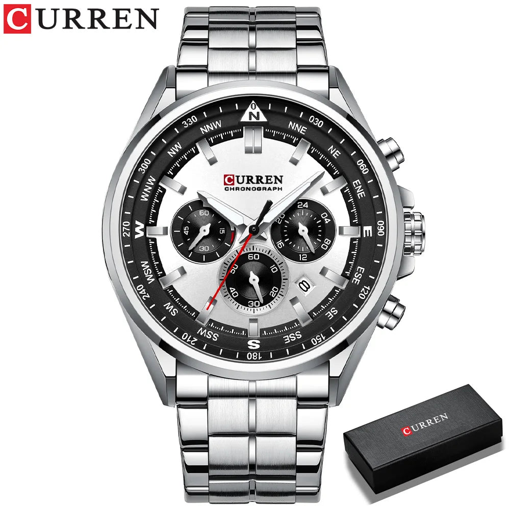 CURREN Luxury Brand Watches for Men Casual Sporty Quartz Wristwatch with 316 Stainless Steel Band Chronograph Clock Male Silver