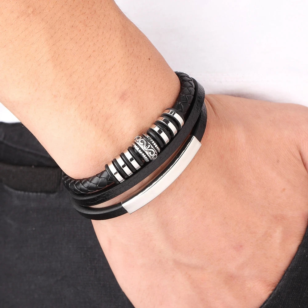 TYO Bracelet for Men Multilayer Genuine Leather Bangles Magnetic Clasp Cowhide Braided Multi Layer Wrap Trendy Bracelet Armband