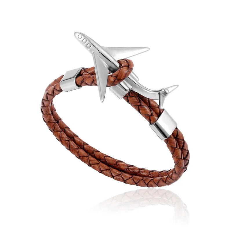 MKENDN Titanium Stainless Steel Airplane Anchor Bracelets Men Multilayer Braid Genuine Leather Bracelet Women Friendship Gifts