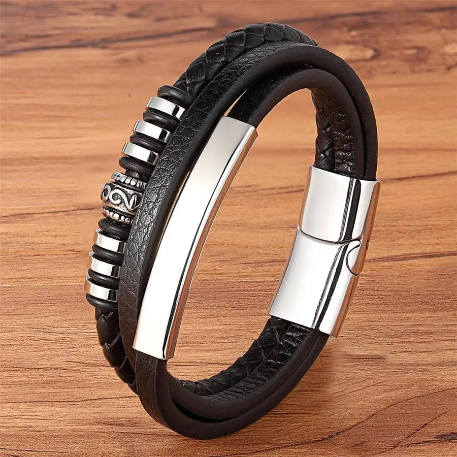 TYO Fashion Stainless Steel Charm Magnetic Black Men Bracelet Leather Genuine Braided Punk Rock Bangles Jewelry Accessories - Madeinsea©