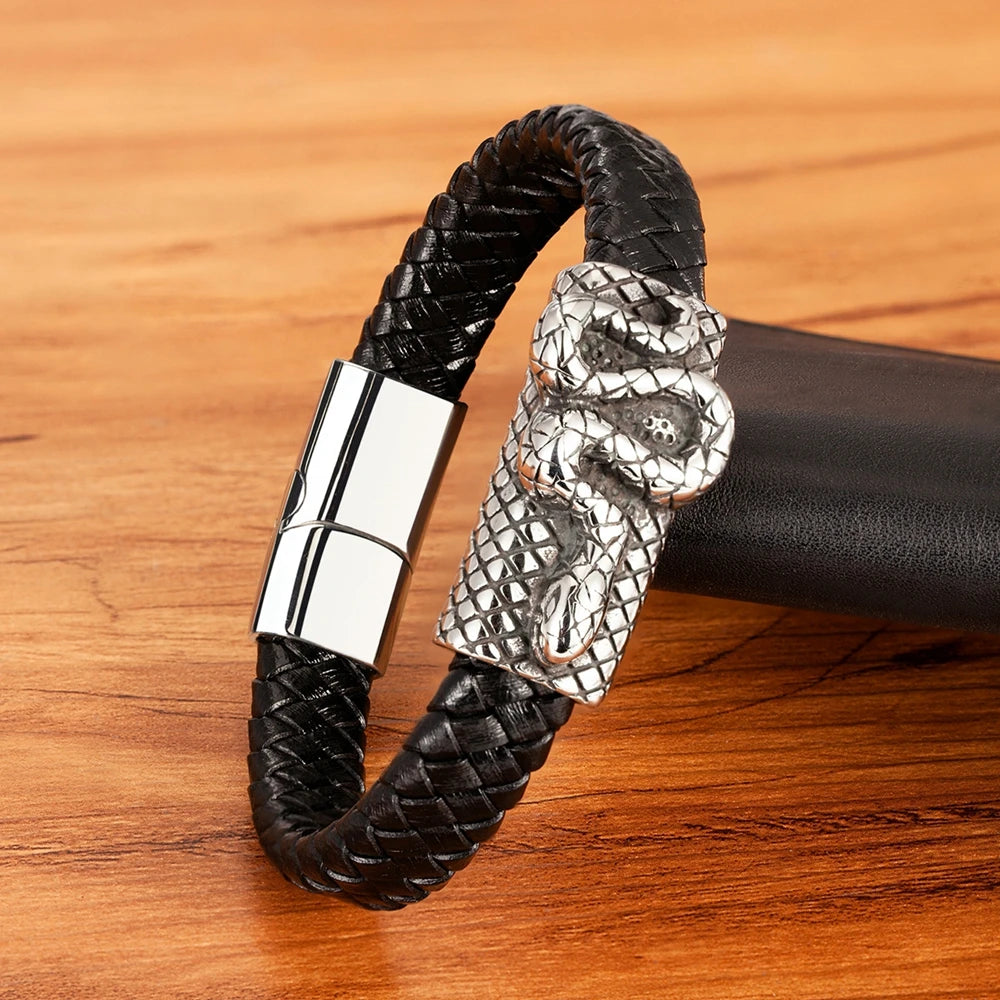 Bracelets et joncs en cuir pour hommes TYO Cool Style, motif crâne, hibou, scorpion et serpent, tressés en acier inoxydable, parfaits pour Halloween