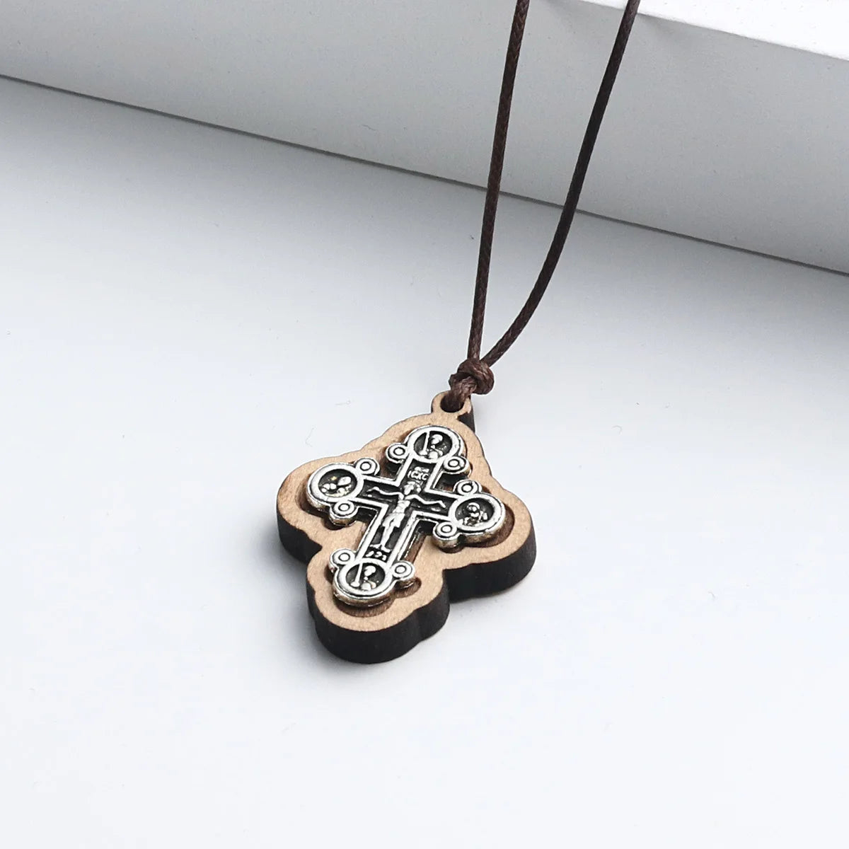 Orthodox ICXC Wooden Saint Cross Pendant Necklaces for Men Adjustable Leather Rope Chain Necklace Religious Jewelry