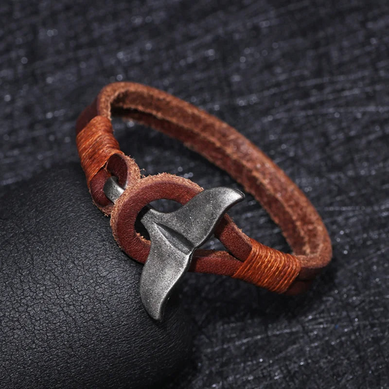 MKENDN Vintage Whale Tail Leahter Bracelet Men Women Fashion Beach Jewelry Summer Punk Style