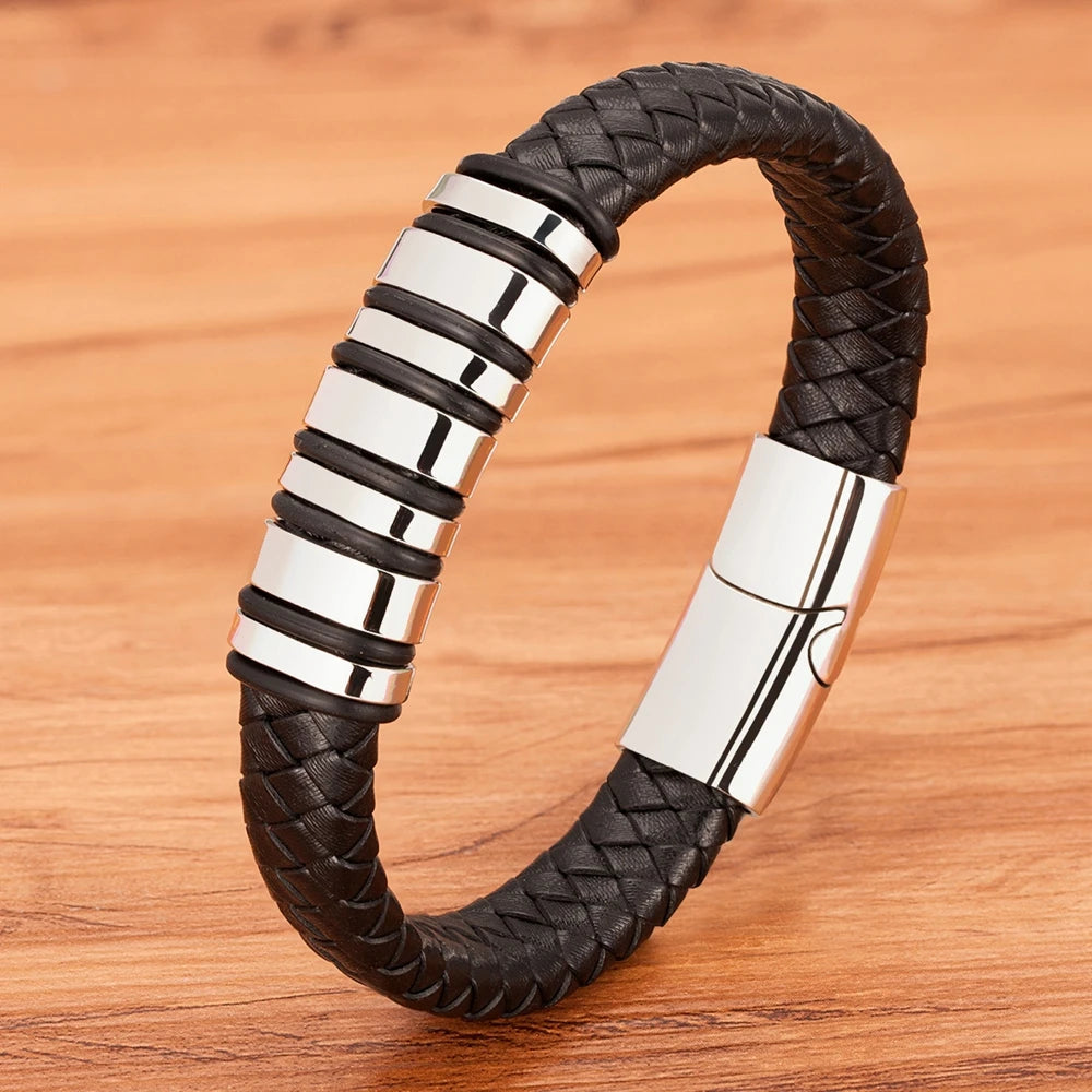 TYO New Fashion Braided Wrap Rope Black Leather Bracelets For Men Simple Stainless Steel Charm Vintage Bangles Jewelry Gift