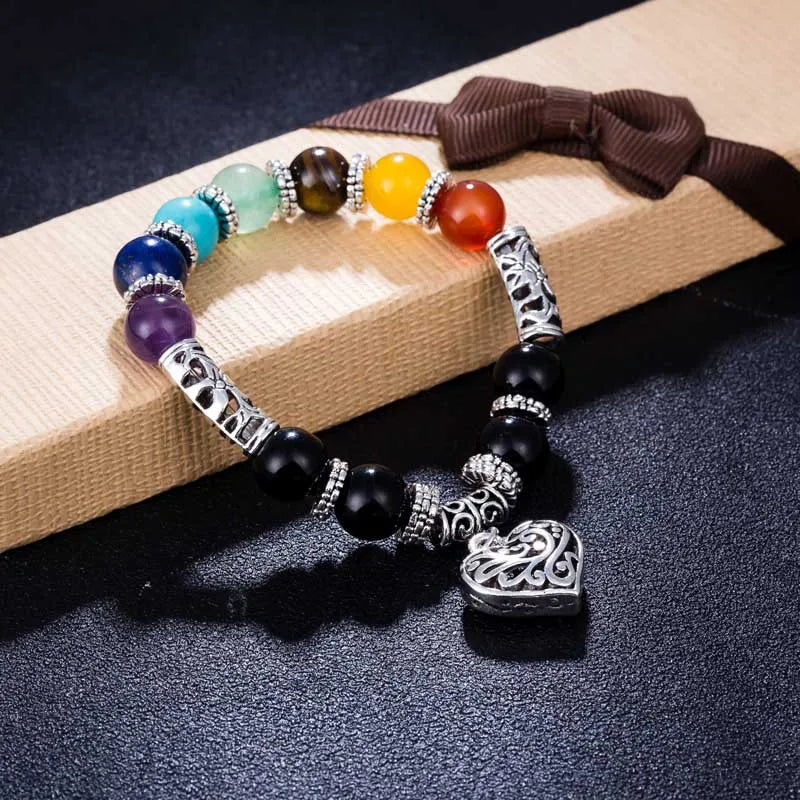 Hot Sale Men Women 10mm Bracelets 7 Chakra Healing Balance Beads Heart Charm Bracelet For Female Reiki Prayer Stones Jewelry