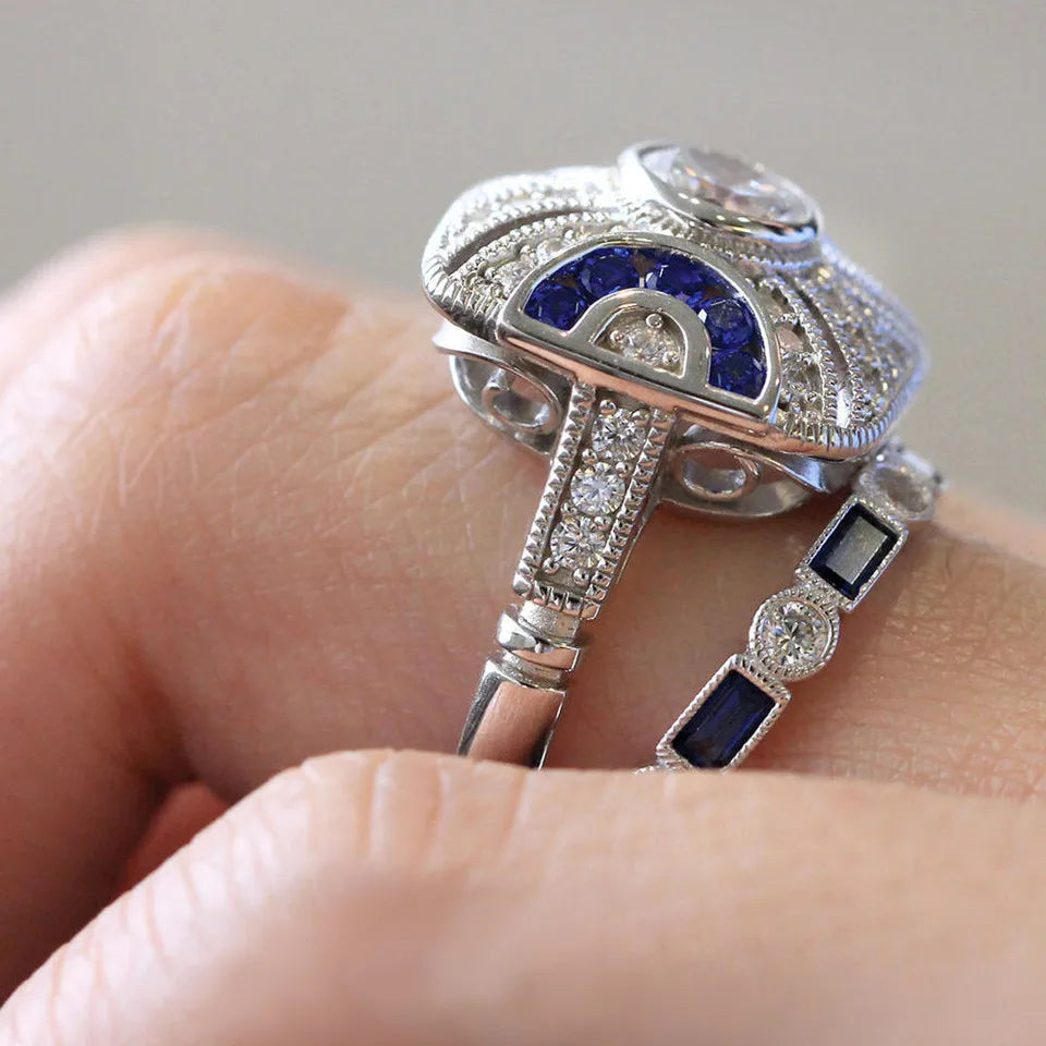 Buyee 925 Sterling Silber Paar Ring Sets Blau Kristall Stein Quadrat Streifen Ring für Frauen Luxus Hochzeit Engagement Schmuck