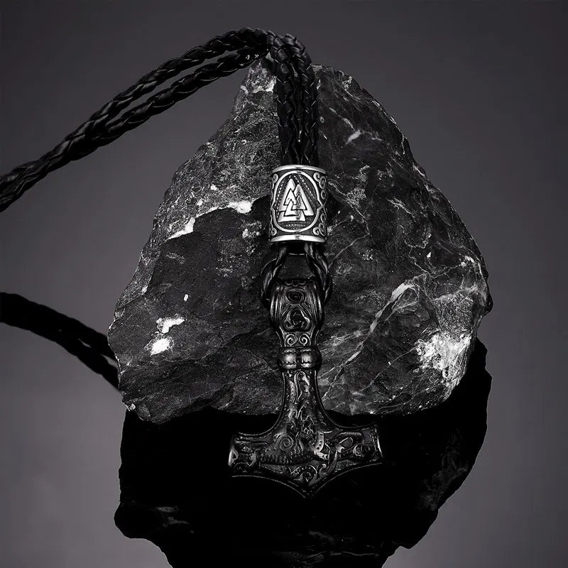 MKENDN Stainless Steel Norse Vikings Thor's Hammer Mjolnir Scandinavian Rune Amulet Pendant Necklace with Chain As Men Punk Gift