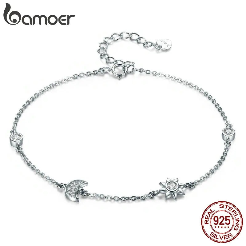 BAMOER Echtes 100% 925 Sterling Silber Karabinerverschluss Stern Und Mond Klar CZ Armband &amp; Armreifen für Frauen Silber Schmuck SCB081