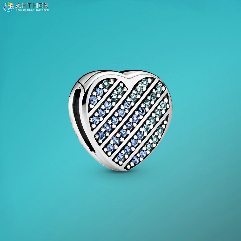 Ahthen 925 Sterling Silver Bead Silver Star Timeless Sparkle Heart Dangle Clip Charms fit Snake Chain Reflexions Bracelets