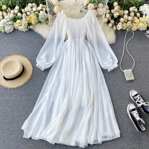 Seaside Holiday Party Dress Women Elegant White Fairy Chiffon Long Dresses Ladies Sweet Slash Neck Off Shoulder Boho Maxi Dress