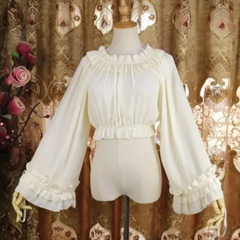 Japanese Style Harajuku Gothic Lolita Shirts Girly Cute Ruffles Short/Long Sleeve Tops Elegant Women Sweet Solid Chiffon Blouses