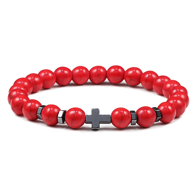 Prayer Men Natural Stone Wood Beads Rosary Hematite Cross Bracelets Onyx Meditation Bracelet Women Yoga Jewelry Homme Pulsera