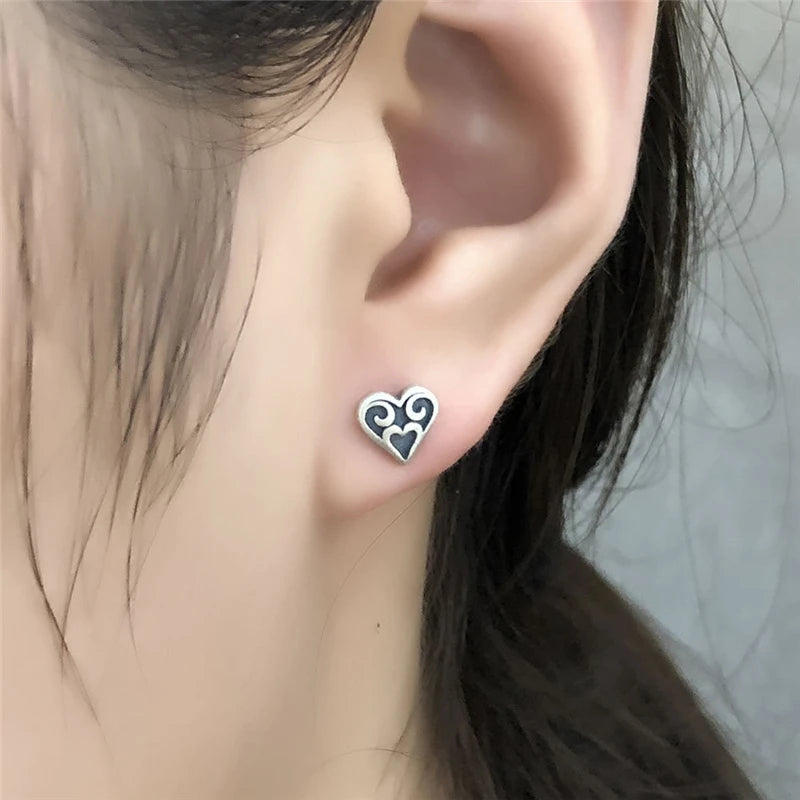 MKENDN 925 Sterling Silver Heart of the Tribe Stud Earrings Personality Minimalist Heart Ear Jewelry Accessories Gothic Style