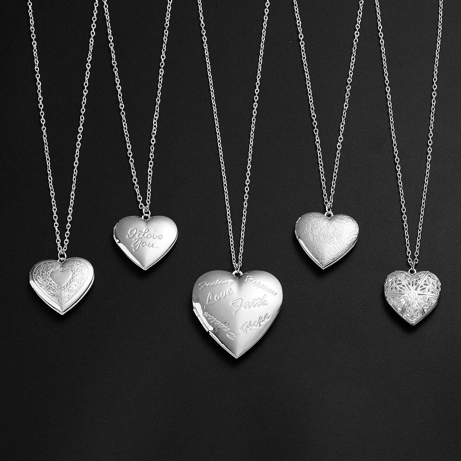 Unique Silver Color Photo Frame Pendant Necklace Carved Designs Heart-shaped Openable Locket Necklace Family Jewelry Gift