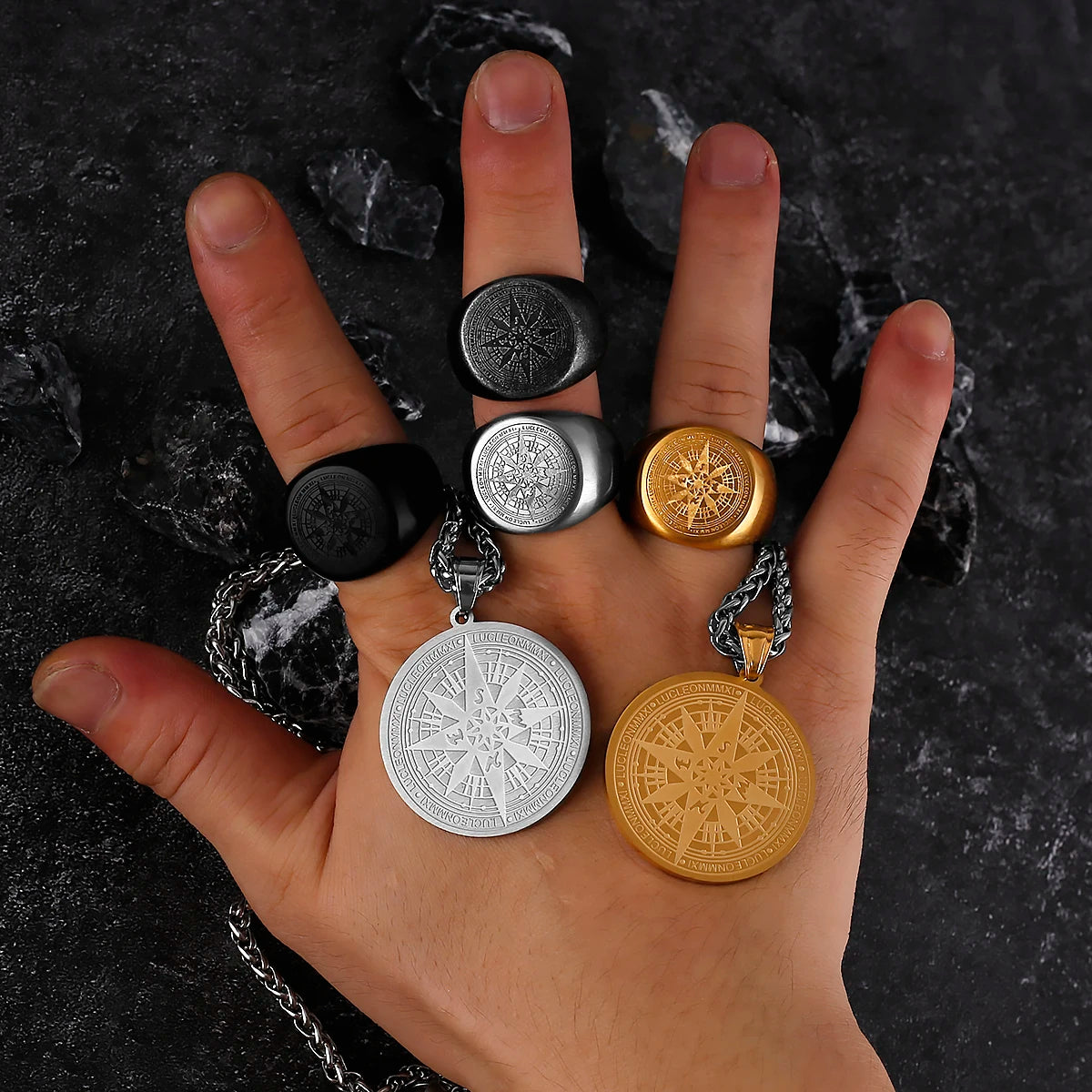 Compass World Map Black Men's Ring Punk Hip Hop Simple Stainless Steel Men's Ring Accessories Jewelry Creative Gifts Wholesale