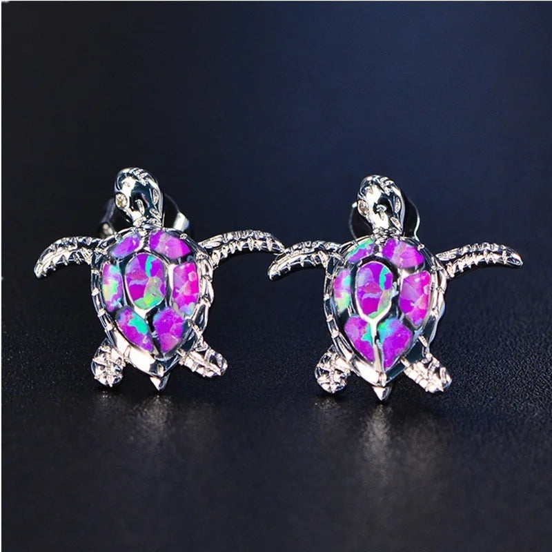 Boho Cute Sea Turtle Stud Earrings For Women Fashion Imitation Blue Fire Opal Earrings For Women Wedding Band Jewelry Gifts