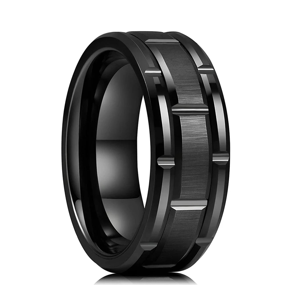 Trendy 8mm Men Frosted Stainless Steel Rings Silver Color Brushed Groove Beveled Edge Engagement Rings For Men Wedding Jewelry