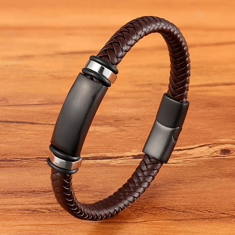 TYO Fashion Stainless Steel Charm Magnetic Black Men Bracelet Leather Genuine Braided Punk Rock Bangles Jewelry Accessories - Madeinsea©