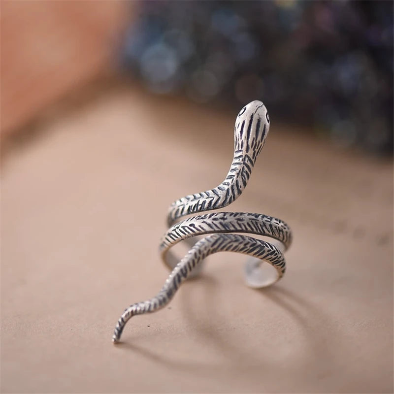 MKENDN Genuine 925 Sterling Silver Snake Shape Opening Ring For Men and Women Gothic Street Hip Hop Punk Dark Jewelry
