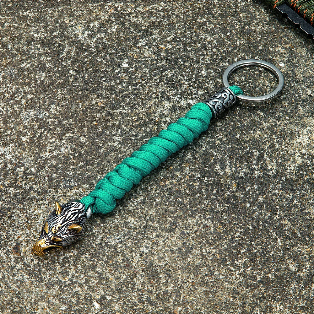 MKENDN Antique Viking Wolf Head Bead Paracord Knife Lanyad EDC Tactical Survival Keychain Lanyard Gift For Men - Madeinsea©