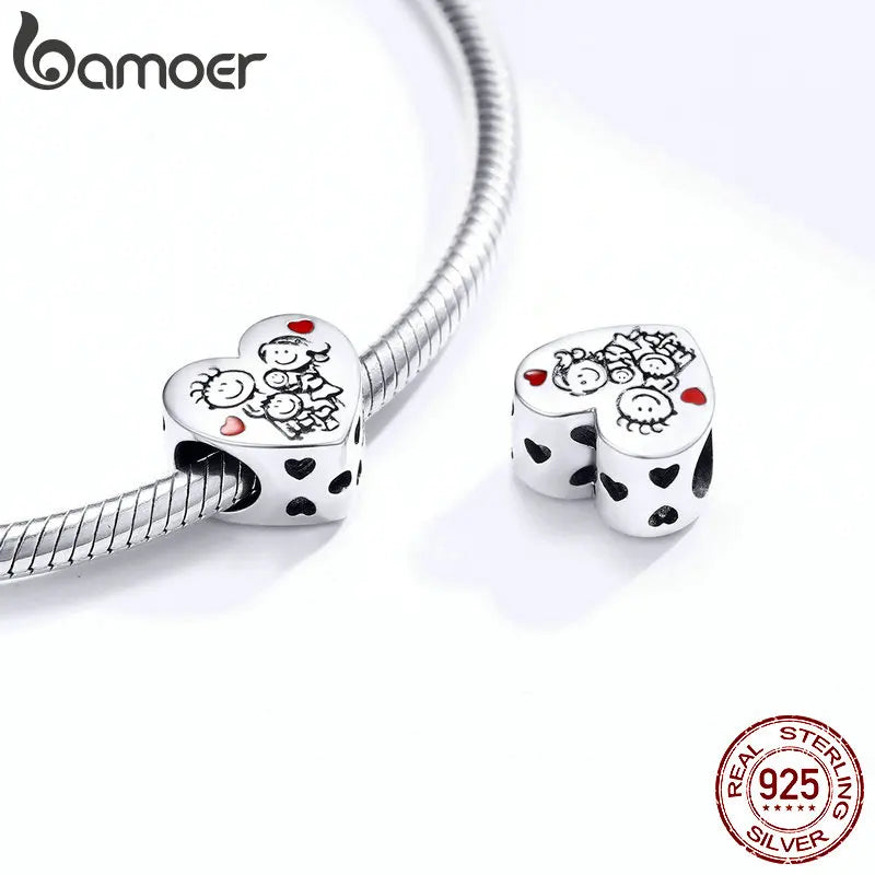 Bamoer Authentische 925 Sterling Silber Liebe Familie Herz Metall Perlen für Schmuck Machen Silber Charm fit Original Armband BSC237
