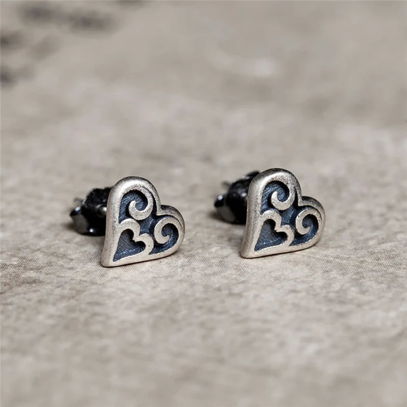 MKENDN 925 Sterling Silver Heart of the Tribe Stud Earrings Personality Minimalist Heart Ear Jewelry Accessories Gothic Style