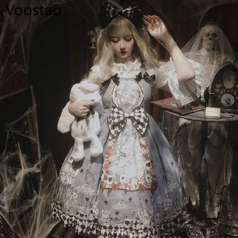 Japanese Gothic Lolita Dress Girls Vintage Dark Funeral Lolita Jsk Dress Women Harajuku Cool Sleeveless Punk Suspender Dresses