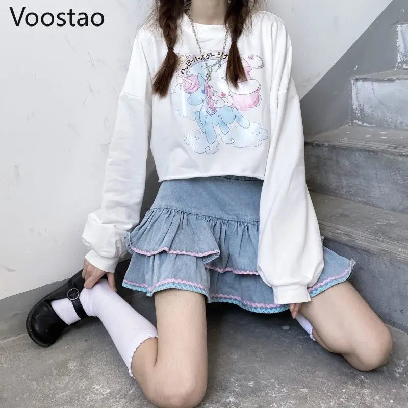 Sweet Lolita Style Mini Skirts Women Harajuku Cute Preppy Style Jk Denim Skirt Japanese Girls Sexy Punk High Waist Tiered Skirt