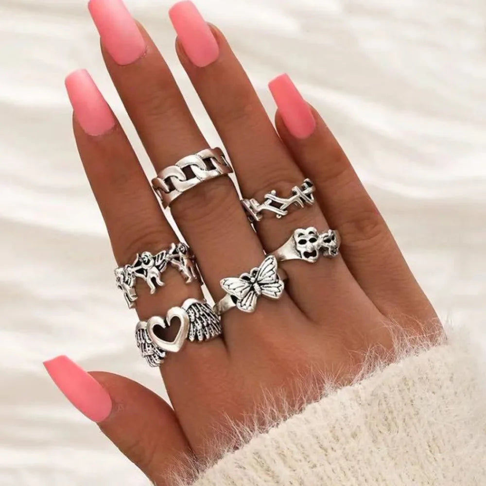 Vintage Boho Crystal Butterfly Rings Set For Women Zircon Leaves Stars Geometric Knuckle Finger Ring Wedding Party Jewelry Gifts