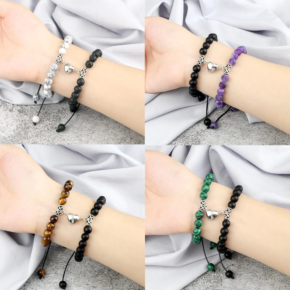 Hot Couple Distance Bracelets 2pcs/set Natural Stone Beads Braided Bracelet Lovers Heart Magnet Adjustable Bangle Friend Jewelry