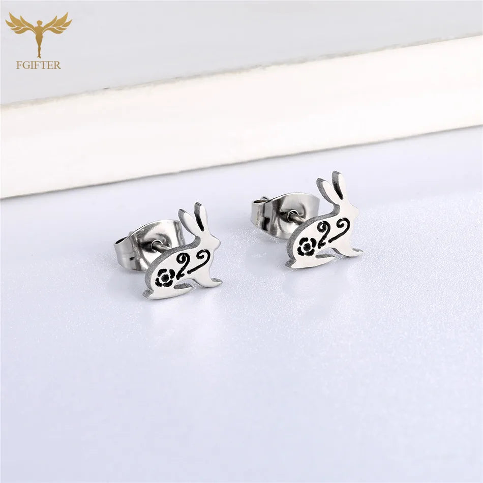 Stainless Steel Animal Stud Earrings Sets Cute Rabbit Bunny Earrings Retro Hollow Pattern Aesthetic Design Girl Jewelry Gift