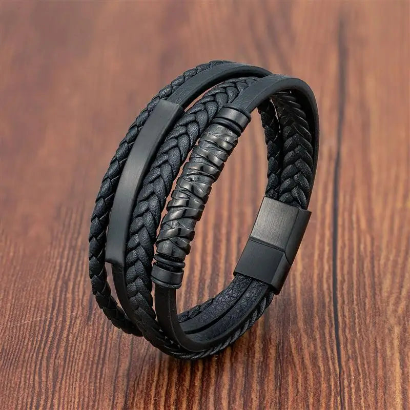 Multilayer Stainless Steel Insert Bracelet Viking Leather Bracelets for Men Punk Jewelry Homme Accessories custom logo